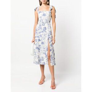Reformation Twilight Dress Blue White Floral Midi Slit Size 8 Bow Tie Straps